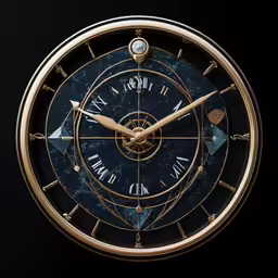 a blue and gold clock with a black background