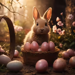 a cute bunny sitting in the basket next to some eggs