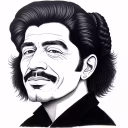a drawing of cheetong from the movie cheetong,a black and white drawing of john harrison,an older drawing of the famous musician and guitarist john folser,a drawing of a man with black hair,an older drawing of steve fisher from the movie cheeton