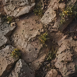 a plant growing between some rocks with moss growing out of it