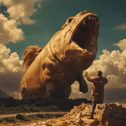 a person and a statue with an enormous creature in the sky