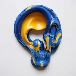 a blue and yellow skull mask sitting on top of a white surface