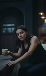 a young lady is leaning on a counter with a cup