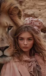 a young woman stands with a lion in the desert