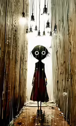 a drawing of a person wearing a red dress holding an umbrella in the rain