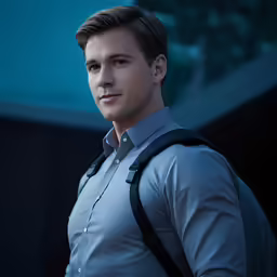 a young man is standing in front of a building
