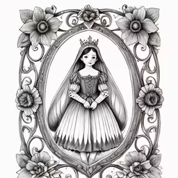 a drawing of a girl in a dress with flowers and leaves