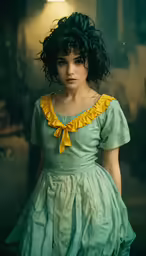 a woman wearing a green and yellow dress standing up