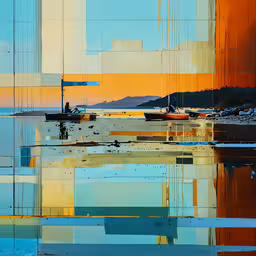 there is a reflection of two people in the water,a person in a canoe sitting on the water in front of some buildings