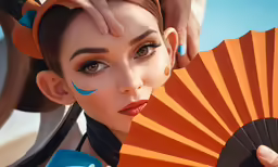 a woman with bright blue makeup and a orange fan