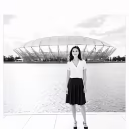 a woman posing for a photo in front of some water