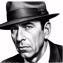 black and white portrait of man wearing fedora