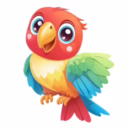 a brightly colored bird with big eyes on his face