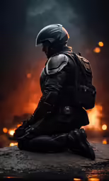 a man in uniform sits on the ground