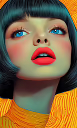 a girl with blue eyes, orange and orange dress, and large black hair is wearing bright red lipstick