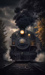 a steam locomotive makes a train move through an autumn landscape