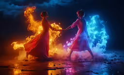 two women in long dresses walking through a colorful powdery trail of fire