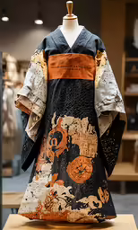 an asian - inspired dress is displayed on a wooden table