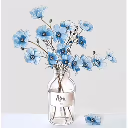 a glass vase filled with blue flowers sitting on top of a table,a glass jar filled with water and flowers on top of a white surface