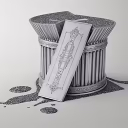 some old looking type of trash cans and paper on the ground