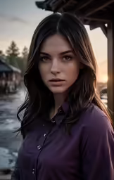a young woman wearing a purple shirt is posing