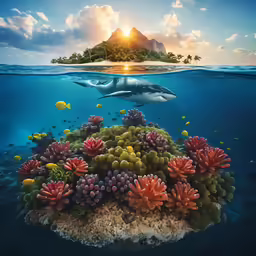 a painting of a dolphins head with coral reef in foreground