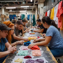 a group of people work on some t - shirts