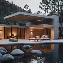 a luxury house is lit up with warm lighting