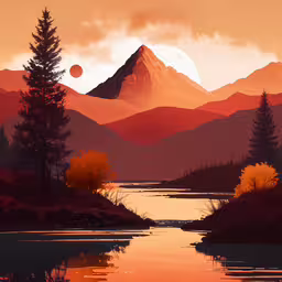 a landscape of mountains and rivers at sunset,a painting of a mountain river with a sunset in the background