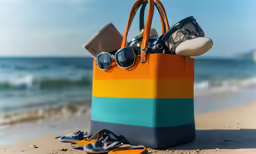 a pair of sunglasses are laying on a beach bag