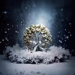 a snow covered tree on a snowy field