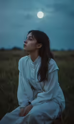 the girl in the long white dress is staring at the moon