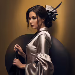 a woman holding a black umbrella near a round black object