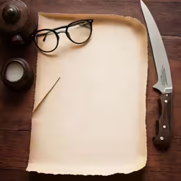 an old paper, knife, and teapot are placed on a wooden surface