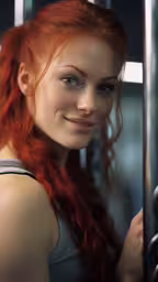 a girl with long hair stands smiling,red - haired woman leans against a rail and looks at the camera