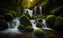 a river surrounded by moss growing on top of rocks