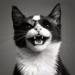 a black and white cat has a griny look on his face