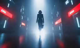 a person walking down an archway with two lights