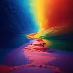 a rainbow is shining on the ocean with a very long path