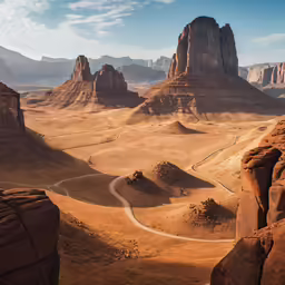 the road passes through a desert landscape under a blue sky