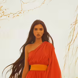 a young woman posing in an orange dress