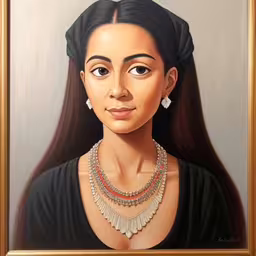 an oil painting of a woman wearing jewelry,a painting of a woman with necklaces on her neck,a painting of a woman wearing a necklace in front of a brown wall,a woman