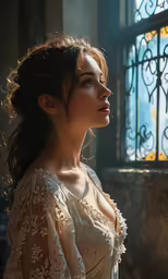 a woman with a very big breast standing in front of a window