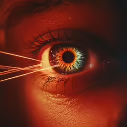 eye with glowing long needles and a red background