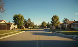 the street is lined with small houses near some trees