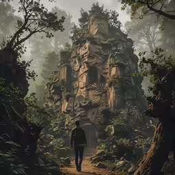 a person is walking alone through a forest