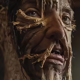 a man with his face wrapped around strings of chocolate and hair
