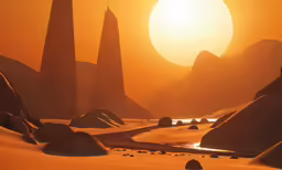 a futuristic scene in a desert at sunset