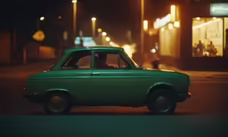 a green car is parked in front of an establishment