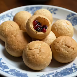 a plate with six pastries and jam